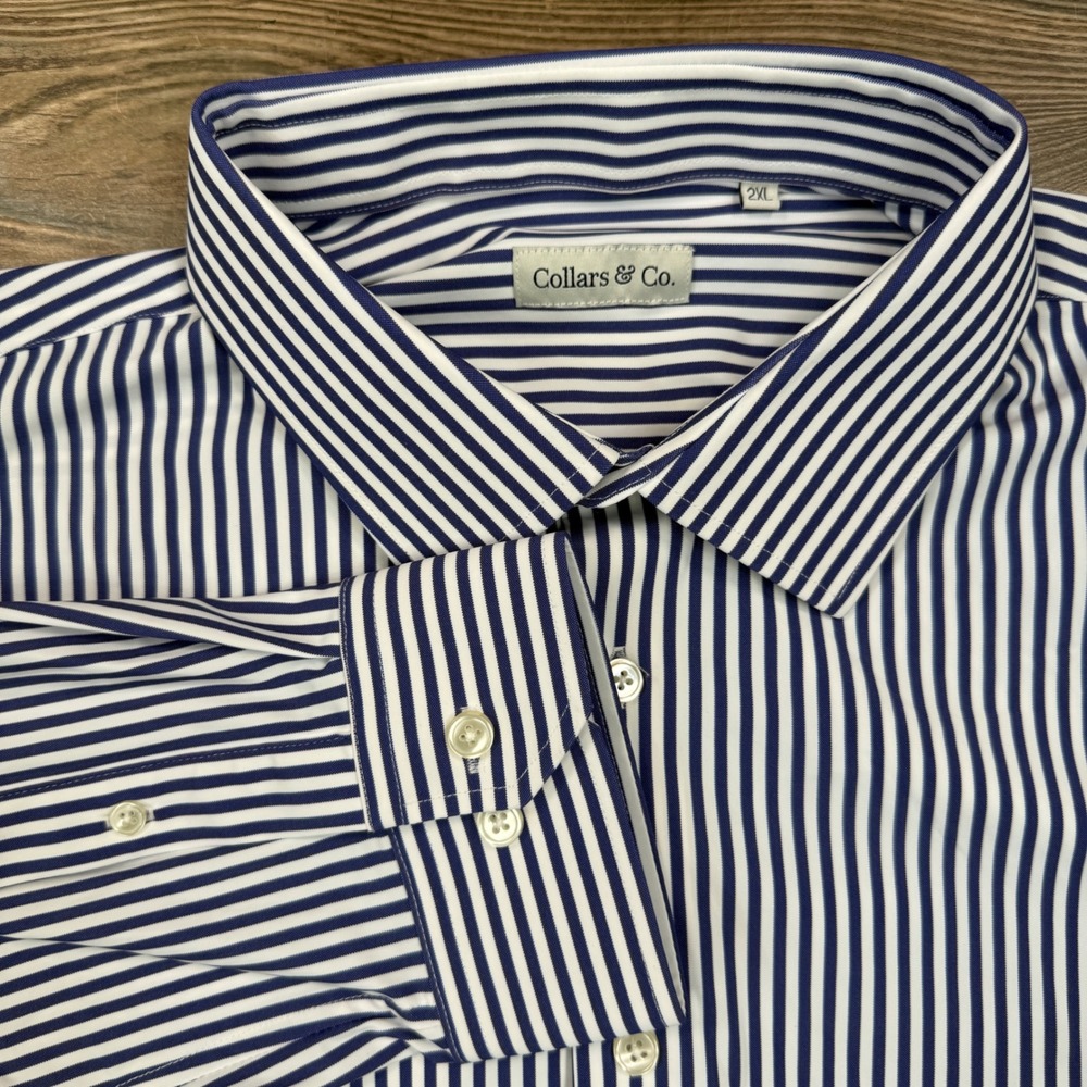Collars & Co Men 2XL Apex Performance Dress Shirt Navy Blue Bengal Striped